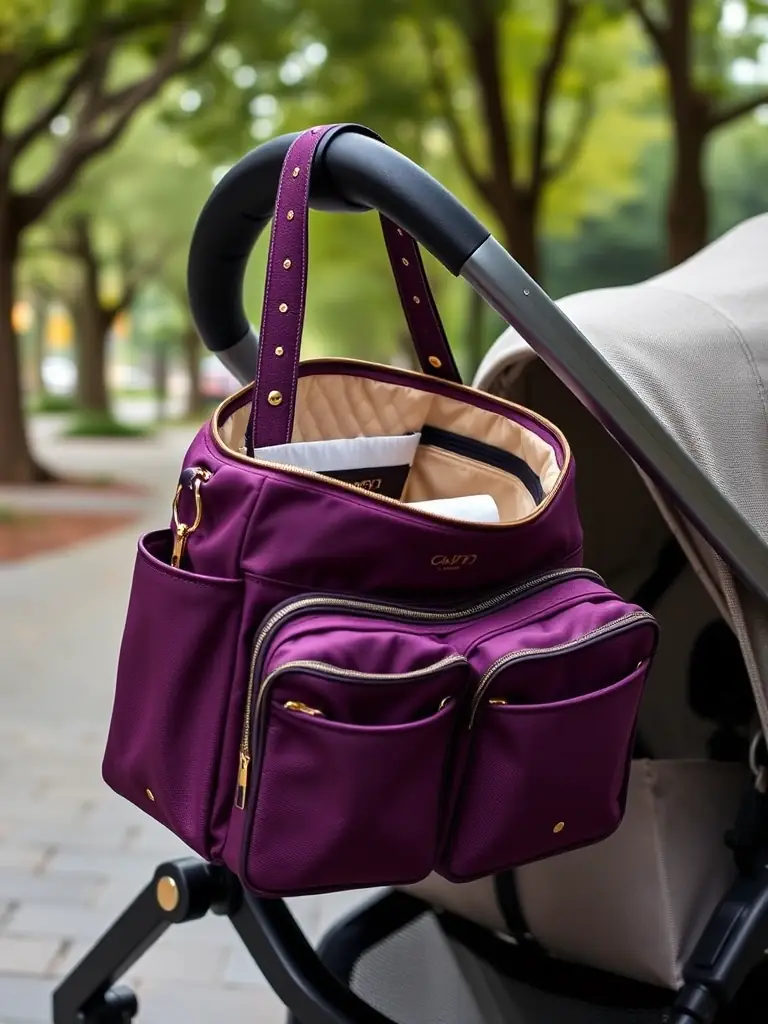 A stylish Elegant Diaper Bag hanging on the handle of the Urban Glide Stroller, showcasing its ample storage and convenient access to baby essentials while traveling.