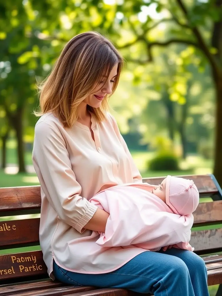 A parent using the Travel Nursing Cover discreetly while sitting on a park bench, highlighting its convenience and privacy for breastfeeding on the go.