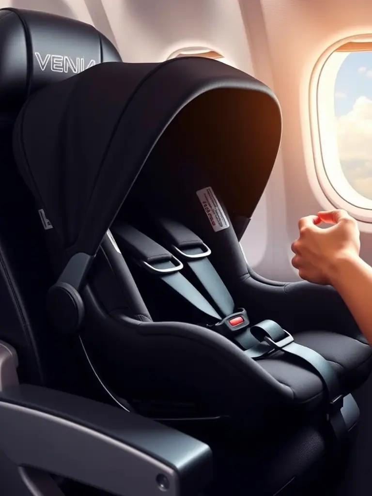 A Premium Travel Car Seat installed securely in an airplane seat, emphasizing its portability and safety features for air travel.