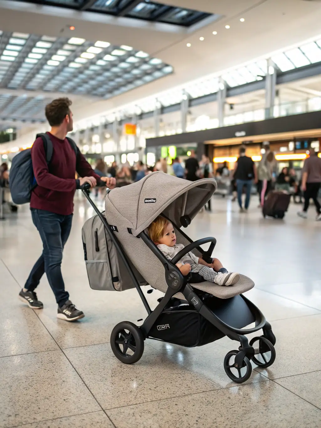 A parent effortlessly folding the Modern Comfort Travel Stroller with one hand at an airport, showcasing its compact and lightweight design for easy travel.